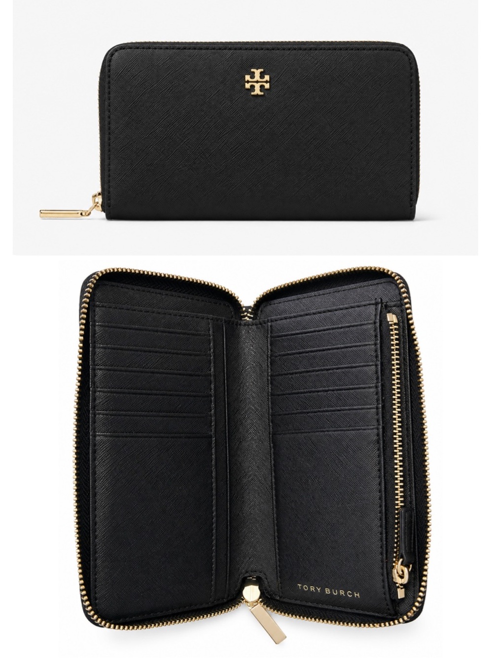 Tory Burch Emerson Continental Zip Around Wallet Black Saffiano Leather Gold